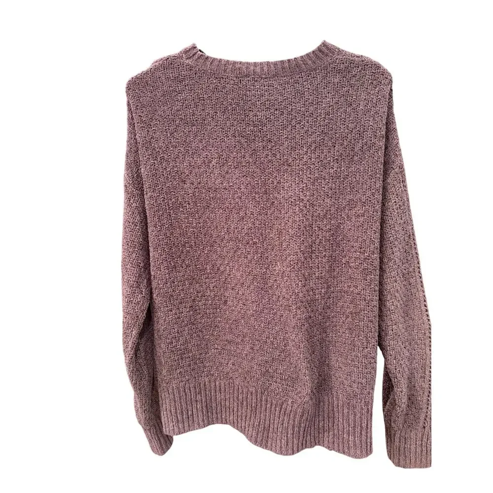 Lucky Brand Brown Chenille Crewneck Sweater M Pointelle Cable Knit Pullover
